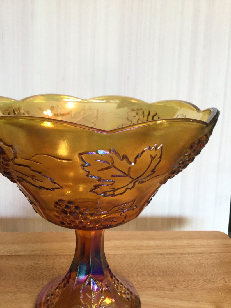 Vintage Iridescent Amber Carnival Glass Pedestal Bowl Etsy