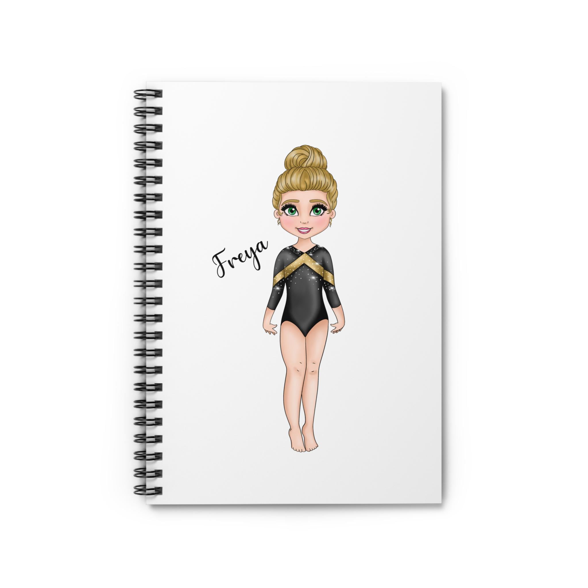 Gymnastics Girl with Black and Gold Leotard Personalized Notebook.  Choose name,  hair color, skin color, and eye color.