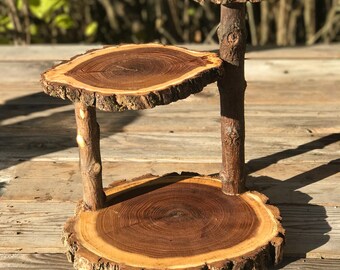 Jumbo Unique Elm Wood Rustic Cake 30 Cupcake Stand Collapsible Wedding party donut outdoor wedding log lumberjack shower wooden 3 tiered