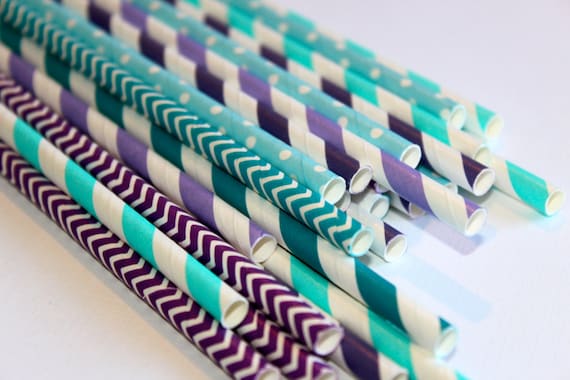 24 mermaid under the sea purple teal chevron polka dot dotted graduation striped stripes paper straw first birthday party bridal baby shower Il_570xn