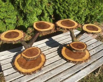 2 Large Log Dark Elm Wood Rustic Cake Cupcake Stands Wedding party shower wooden 4 tiered