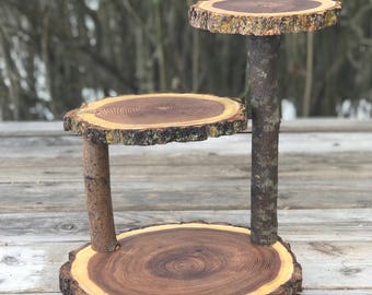 Small Log Elm Wood Rustic Cake Cupcake Stand Collapsible Wedding party, lumberjack party, wild things are shower wooden, boho, 3 tiered stan