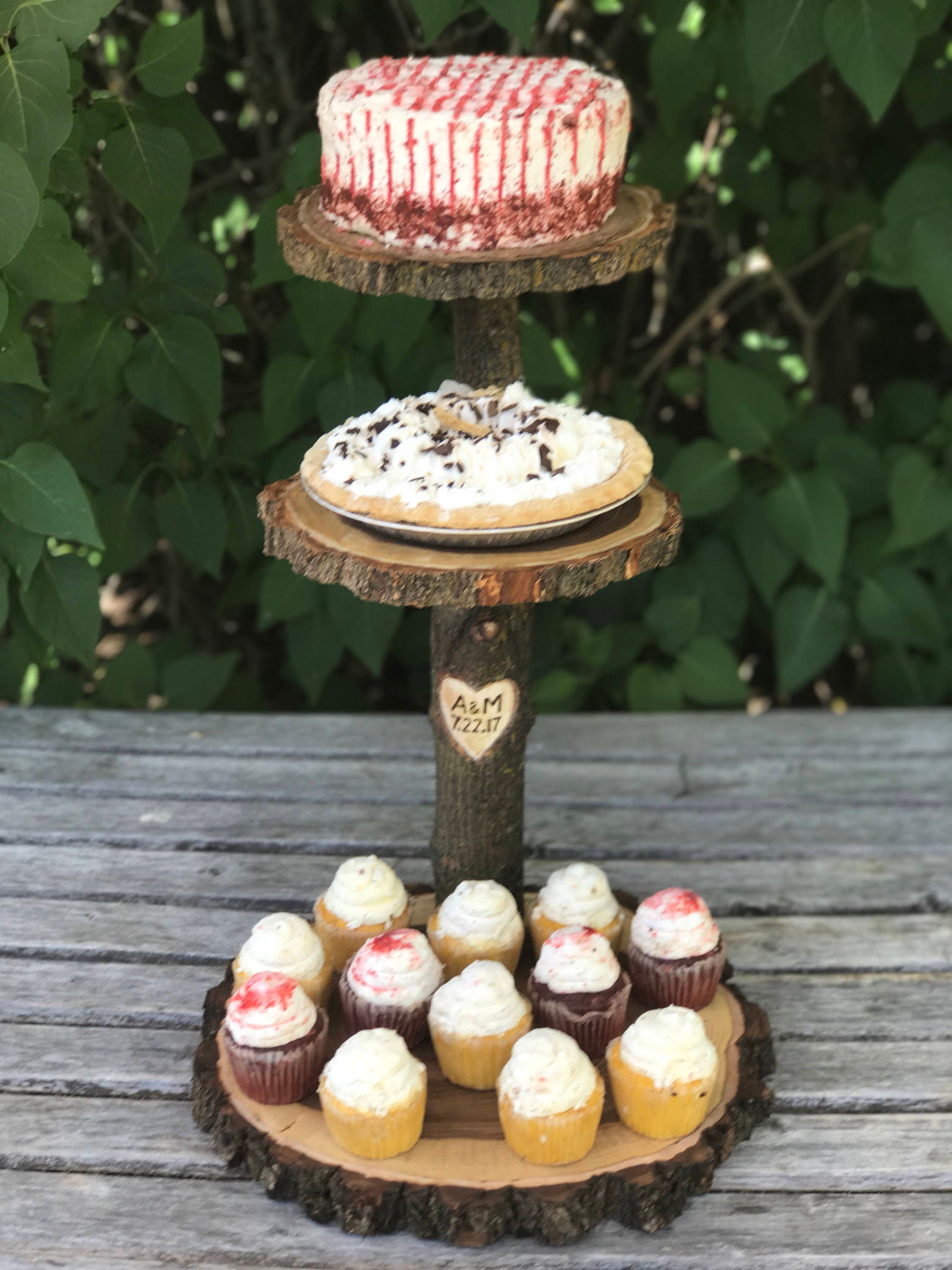 Three Tiered Rustic Wooden Wedding cake/ Cup Cake stand 16"/17" base Three Tiered Rustic Wooden Wedding cake/ Cup Cake stand 16"/17" base