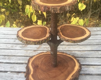 Large Log Elm Wood Rustic Cake Cupcake Pie Stand Wedding party shower wooden 4 tiered cross