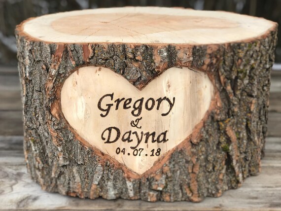 Large Log Wood Stump (9-10in) Rustic Cake Stand with wood burned Names & Date surrounded by a heart, wedding party shower Il_570xn
