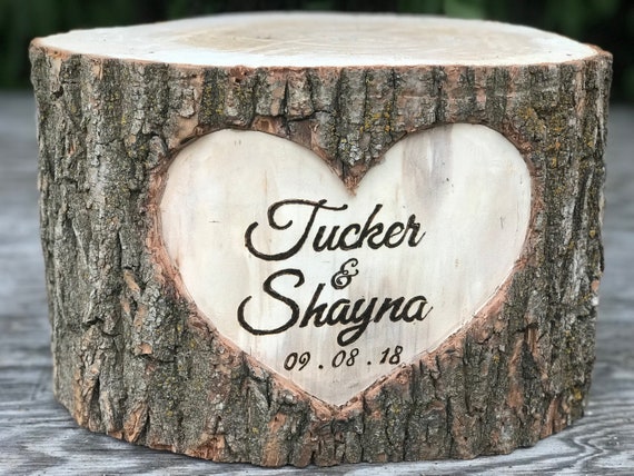 Large Log Wood Stump (13-14in) Rustic Cake Stand with wood burned Names and Date surrounded by a heart Wedding party shower wooden Il_570xn