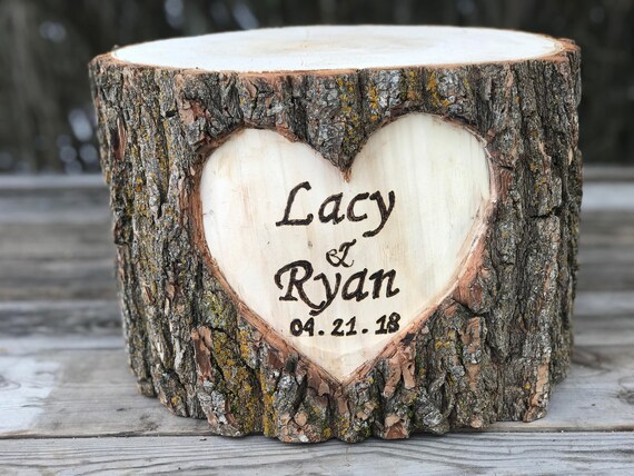 Large Log Wood Stump (7-8in) Rustic Cake Stand with wood burned Names and Date surrounded by a heart Wedding party shower wooden Il_570xn
