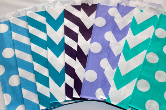 Mermaid under the sea purple teal chevron polka dot striped stripes paper goodie favor bags candy buffet birthday party bridal baby shower Il_570xn