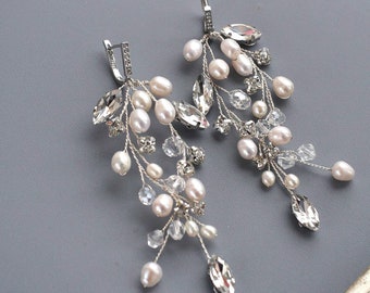 Pearl and Crystal Bridal Earrings, Pearl Wedding Earrings, Wedding Earrings Pearl Long