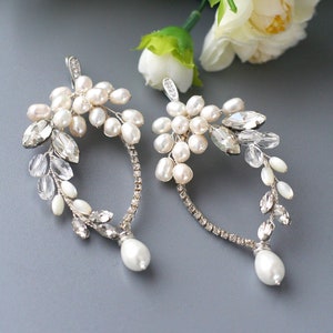 Pearl Crystal Wedding Earrings, Long Pearl Bridal Earrings, Pearl Silver Earrings, Handmade Earrings silver
