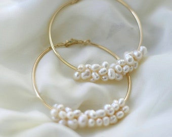 Freshwater Pearl Hoop Earrings Pearl Wedding Earrings Pearl Bridal Earrings Gold Hoop Earrings