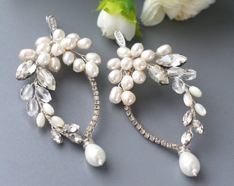 Boucles d'oreilles de mariage en perles de cristal, longues boucles d'oreilles de mariée en perles, boucles d'oreilles en argent avec perles, boucles d'oreilles faites main