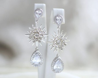 Silver Star Earrings Drop, Celestial Star Crystal Wedding Earrings Celestial Crystal Bridal Earrings