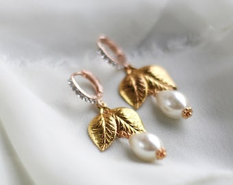 Gold Leaf Pearl Bridal Earrings: Long Floral Wedding Jewelry