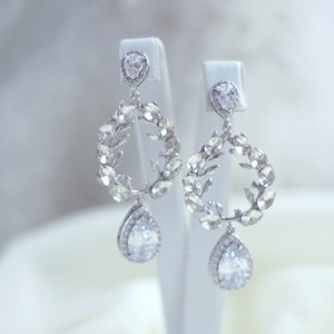 Silver Crystal Hoop Earrings, Crystal Bridal Earrings Hoop, Crystal Wedding Earrings, Leaf Earrings, Drop Earrings