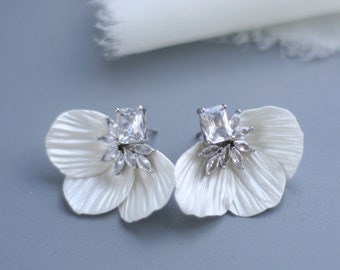 White Porcelain Petal Flower Bridal Earrings, Floral Wedding Earrings, Zircon Crystal Earrings, Minimalist Earrings