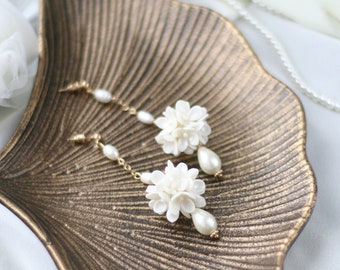 Long Pearl Flower Ball Earrings, Flower Bridal Earrings, Flower Wedding Earrings, White Lilac Earrings