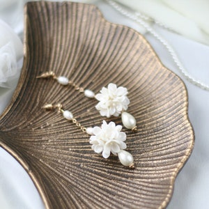 Long Pearl Flower Ball Earrings, Flower Bridal Earrings, Flower Wedding Earrings, White Lilac Earrings