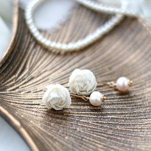 Ivory Peony Earrings: Handmade Polymer Clay Flower Studs with Pearl