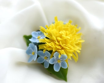 Blue Yellow brooch, Ukrainian brooch, Dandelion brooch, Forget me not brooch, Ukrainian jewelry