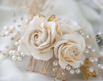 Ivory Rose Flowers with gold leaf hair comb, Freshwater pearl hair comb, Gold Wedding headpiece, Pearl Headpiece, Bridal hair piece