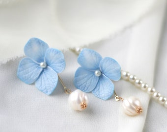 Blue Hydrangea Wedding Flower Earrings: Bridal Floral Dangle Earrings
