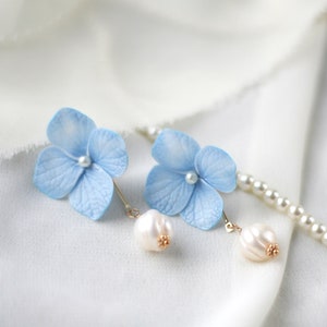 Blue Hydrangea Wedding Flower Earrings: Bridal Floral Dangle Earrings