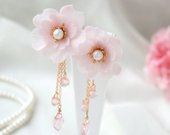 Blush Pink Floral Bridal Earrings, Cherry Blossom Earrings, Sakura Earrings Dangle, Clay Flower Earrings, Gift For Her