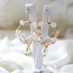 24K Gold Hoop Wedding Earrings: Floral Pearl Bridal Jewelry