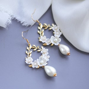 Floral Wedding Earrings, Pearl Gold Earrings, Flower Bridal Earrings, Gold Hoop Earrings, Leaf Earrings white