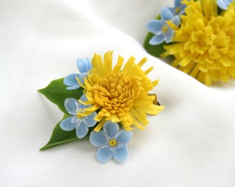 Blue Yellow brooch, Ukrainian brooch, Forget me not jewelry, Dandelion jewelry, Floral brooch