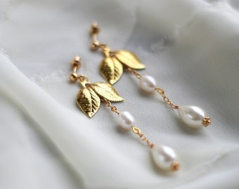 Gold Pearl Bridal Earrings, Wedding Earrings Pearl Gold, Leaf Bridal Earrings, Long Floral Earrings, Bridal Jewelry