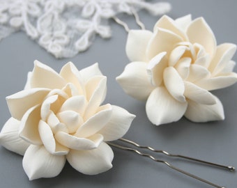 Ivory Peach Flower hair pin, Gardenia hair pin, Bridal hair accessories, Bridal flower clip, Wedding flower pins, Wedding hair accessories