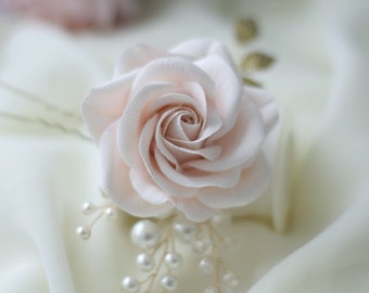 Blush Flower Hair Pins, Flower Pearl Hair Pins, Gold Wedding Hair Pins, Pink Rose Hair Pins