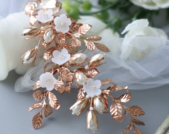 Rose Gold Headpiece with small flowers, Leaf Flower Headpiece,   Rose Gold Wedding hair comb, Bridal Flower hair comb