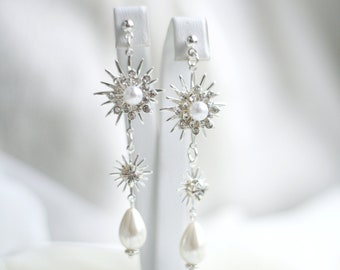 Boucles d'oreilles étoile argentées, Boucles d'oreilles de mariage en perles argentées, Boucles d'oreilles de mariée en argent perle, Boucles d'oreilles étoile céleste