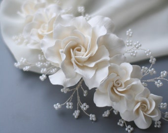 Ivory Cream Clay Gardenia Wedding Hair Piece, Flower Bridal Comb, Flower Headpiece, Bridal headpiece