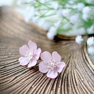 Pink Sakura Stud Earrings: Handmade Clay Flower Pearl Jewelry