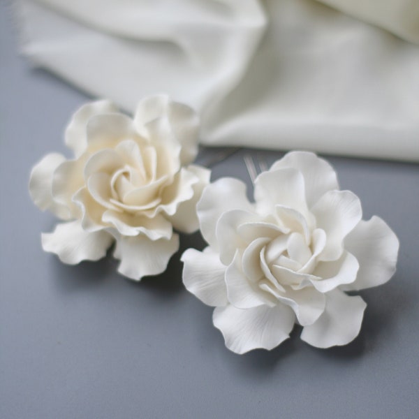 Ivory Gardenia Flower clip, Wedding flower hair pins, Bridal flower hair pins, Ivory hair pins,  Floral hair clip