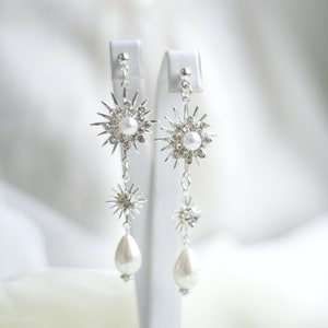 Silver Star Drop Earrings: Pearl Bridal Celestial Jewelry