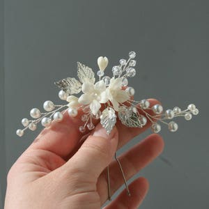 Handmade Flower Bridal Hair Pin: Pearl & Crystal, Silver Wedding Accessory