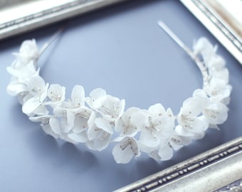 White Clay Flower Tiara, Hydrangea Floral Headpiece, Blossom hair piece, Clay Floral Headband, Bridal headpiece
