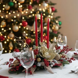 Large Christmas Candle Centerpiece, Holiday Table Decor, Gold Red Berry Arrangement image 2