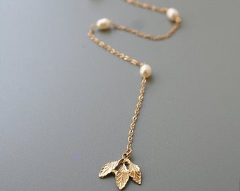 Pearl Bridal Backdrop Necklace: Freshwater Pearl & Brass Leaf Wedding Jewelry