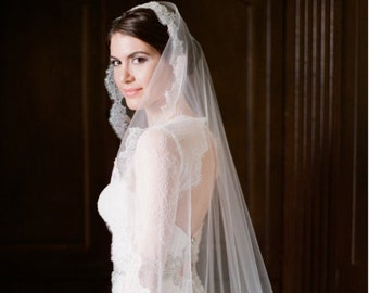 Chantilly Lace Wedding Veil: French Bridal Mantilla, White or Ivory