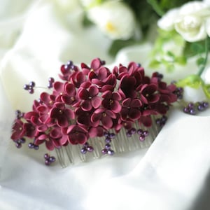 Burgundy Flower Hair Comb: Handmade Polymer Clay Bridal Headpiece