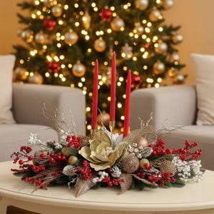 Large Christmas Candle Centerpiece, Holiday Table Decor, Gold Red Berry Arrangement image 1