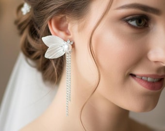 Silver Floral Bridal Earrings: White Petal Zircon Crystal Chain Wedding Jewelry