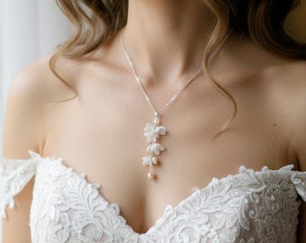 White Clay Flower Bridal Necklace: Gold, Pearl Wedding Jewelry