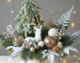 Champagne Christmas Table Centerpiece: Deer Tree Floral Arrangement, Holiday Home Decor